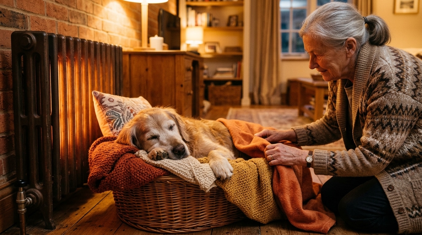 Chien âgé blotti dans son panier près du radiateur