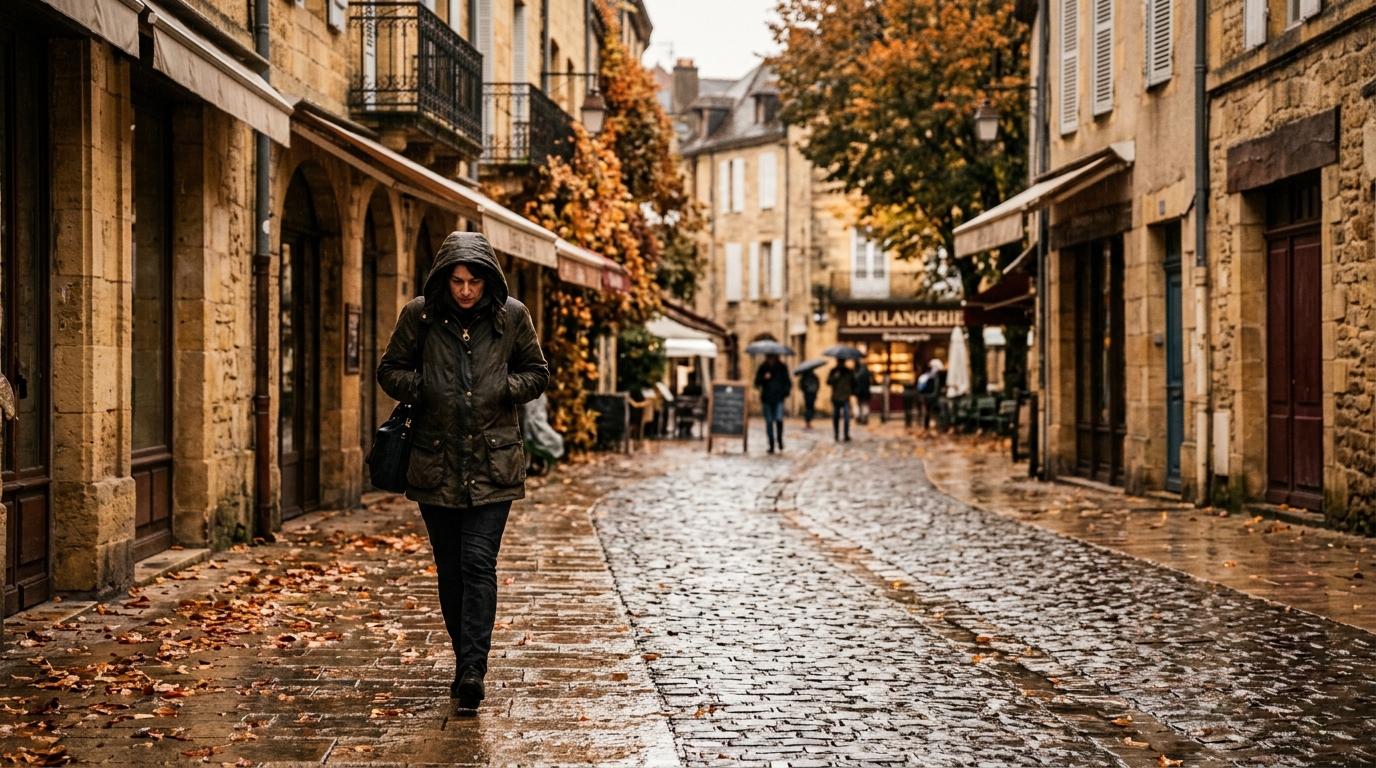 Passant emmitouflé sous la pluie dans une rue d'automne