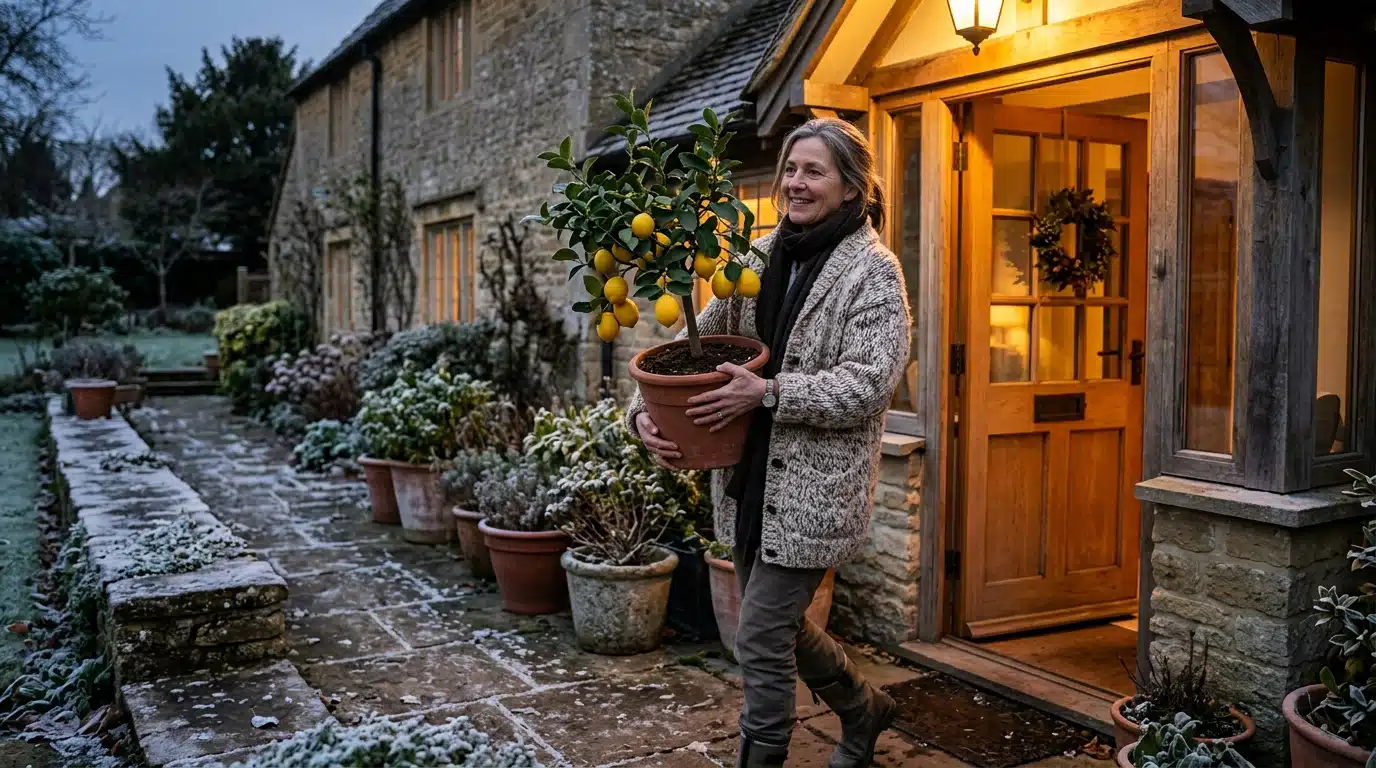 Femme rentrant un citronnier en pot avant la gelée