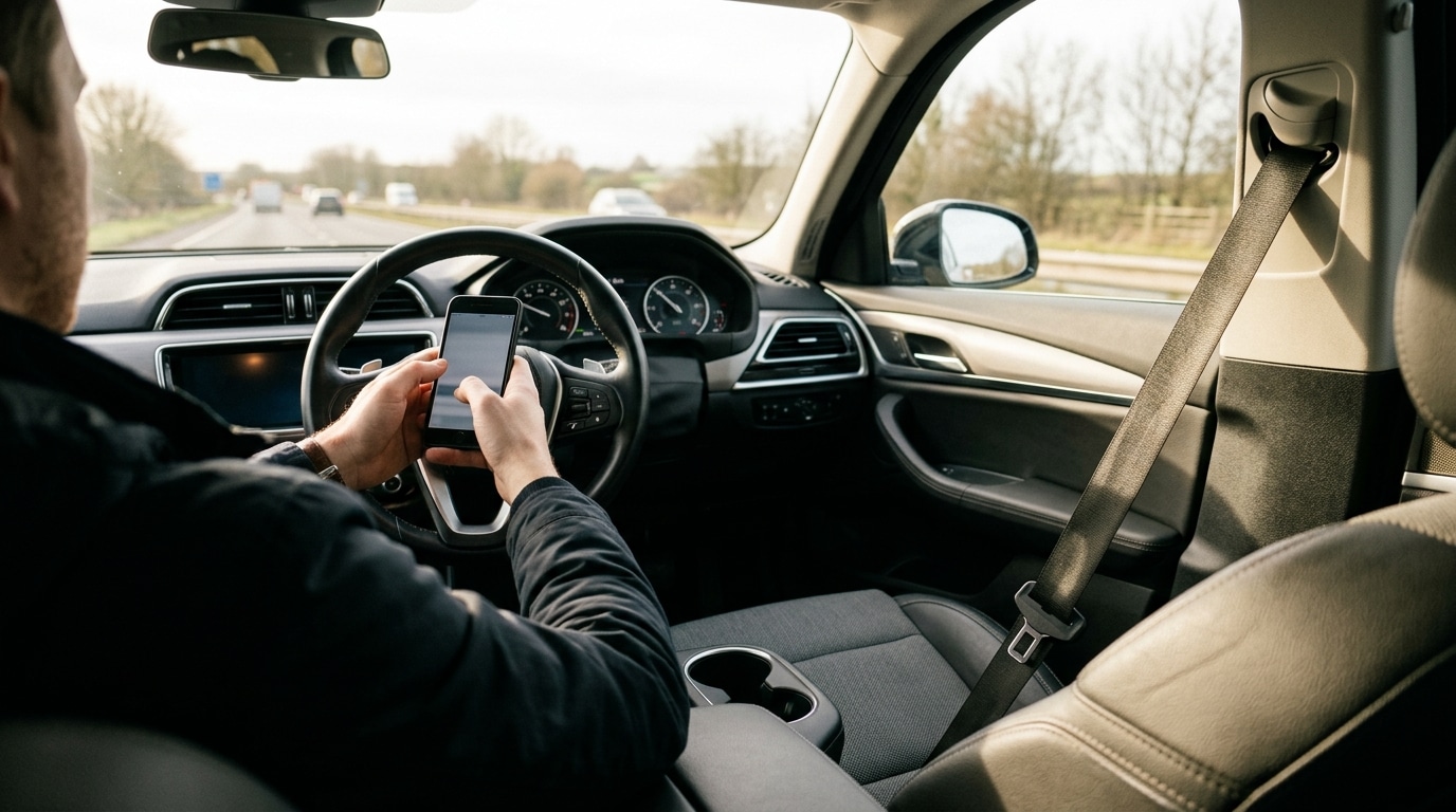 Mains d'un conducteur tenant un téléphone au-dessus du volant