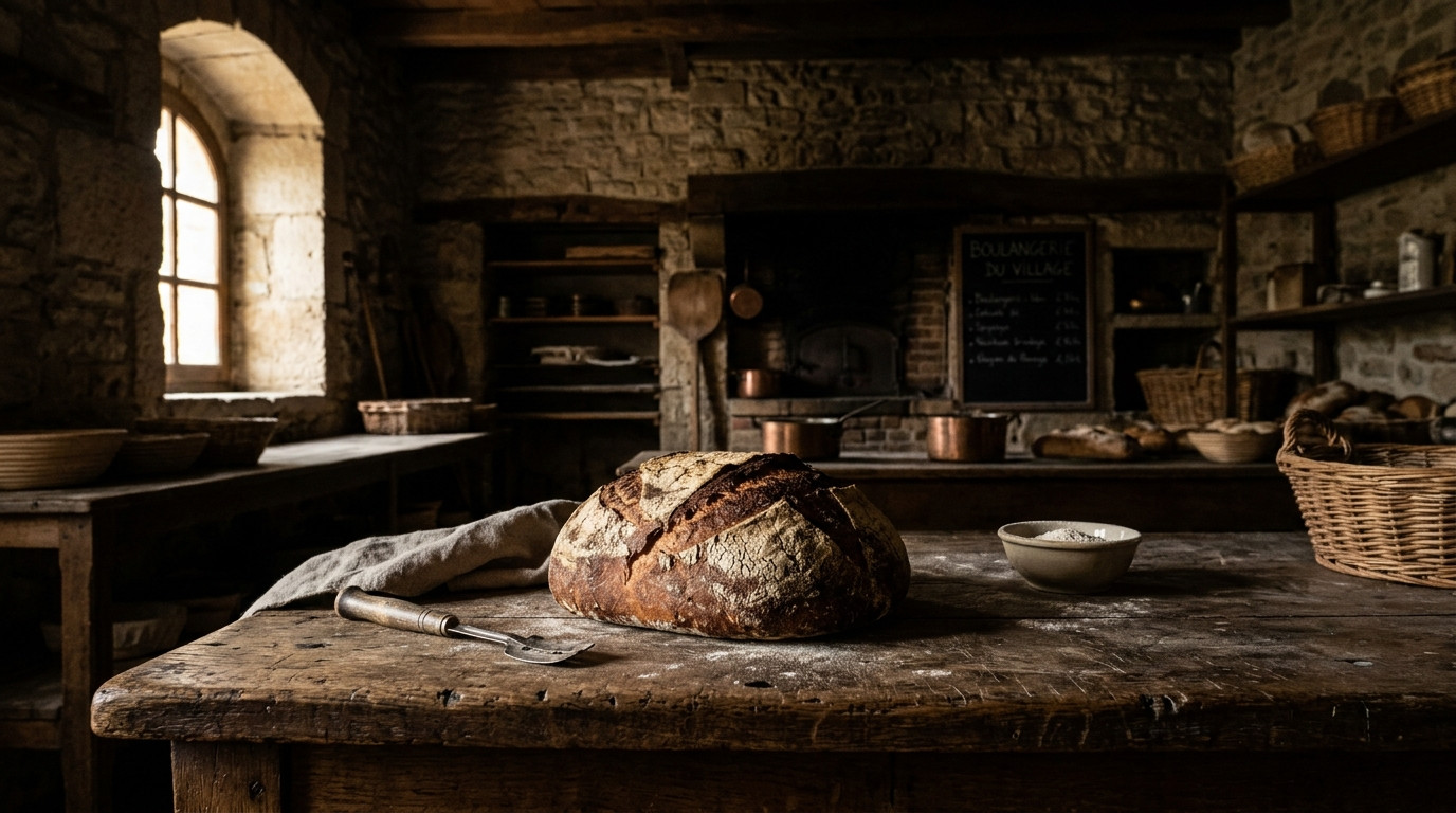 Pain de campagne sur comptoir de boulangerie ancienne