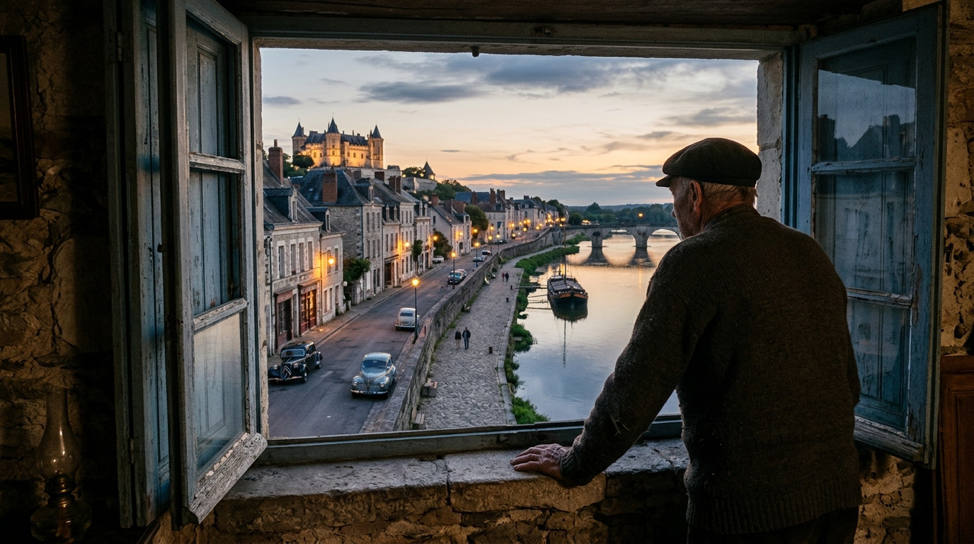 Villageois âgé regardant par une fenêtre au crépuscule