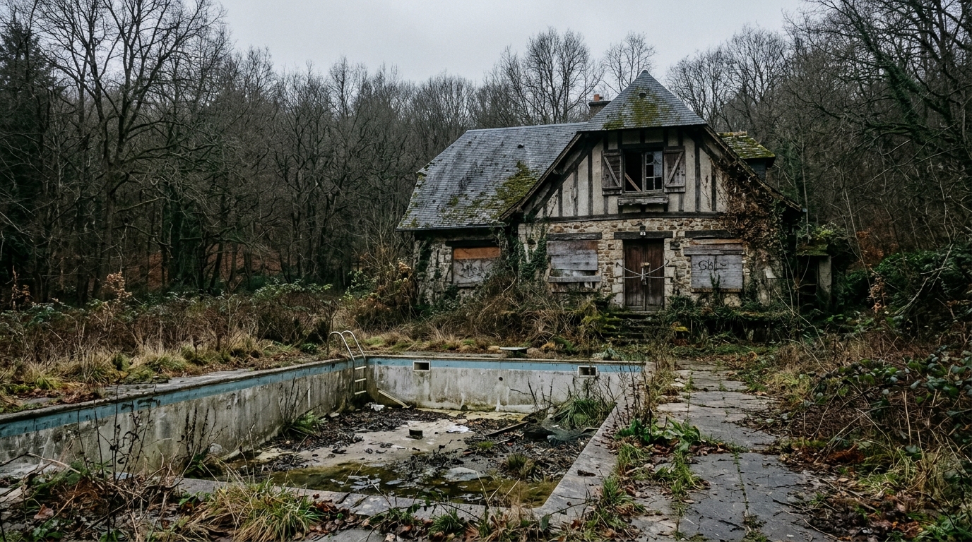 Pavillon de chasse à l'abandon en lisière de forêt, avec une piscine vide, dans les Yvelines