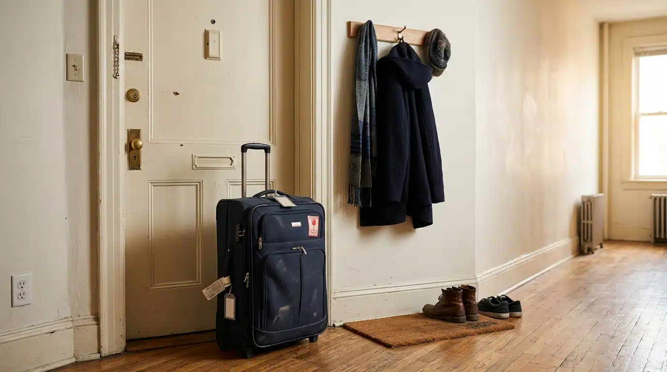 Valise prête près de la porte d'entrée d'un appartement