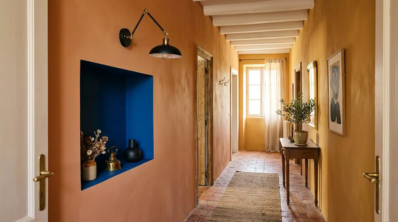 Couloir chaleureux aux murs ocre et niche bleue