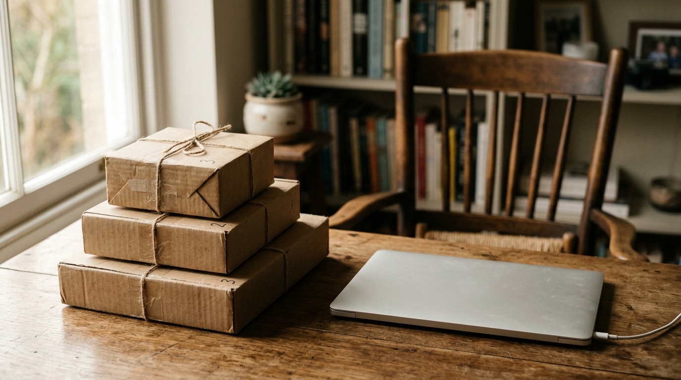 Colis en carton à côté d'un ordinateur portable fermé