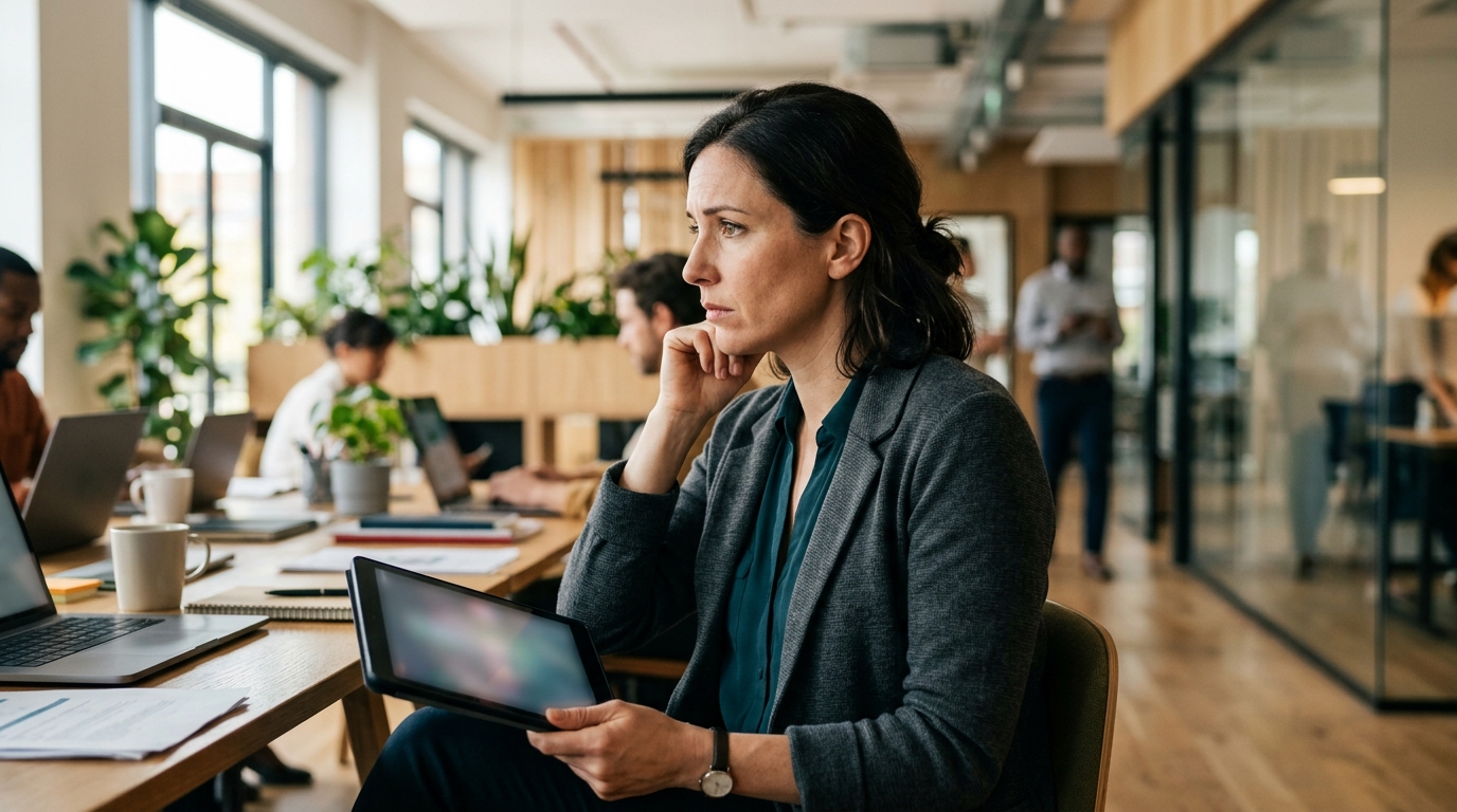 Employé inquiet dans un bureau, tablette à la main