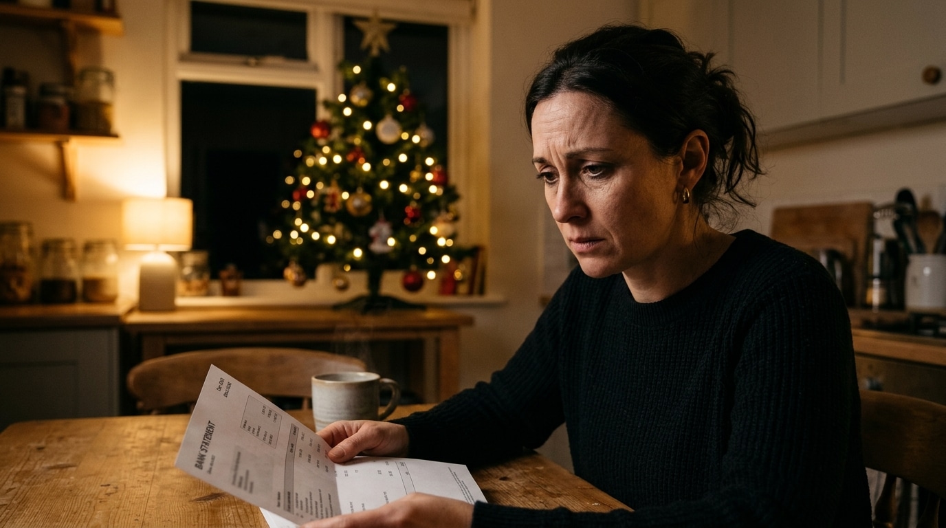 Femme inquiète à sa table de cuisine avant Noël