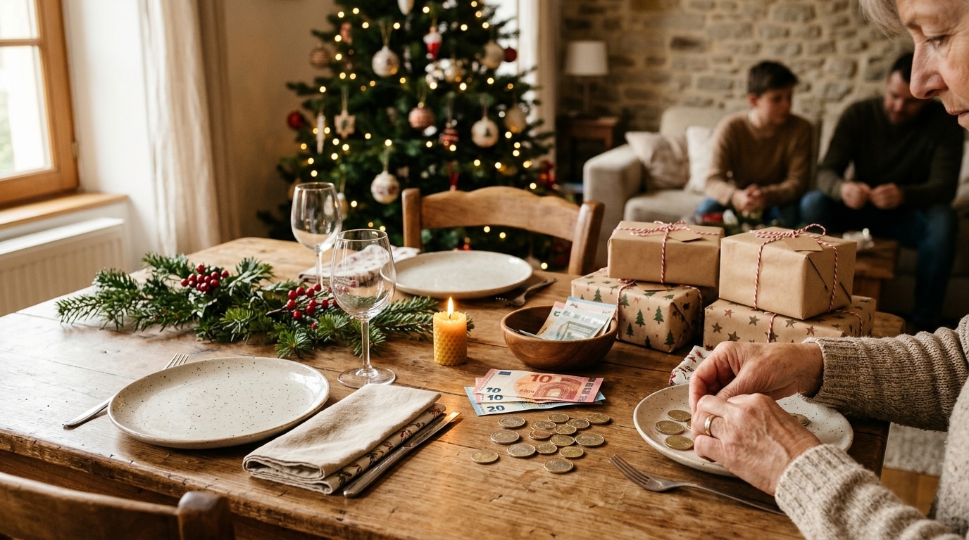 Table de Noël modeste pour trois avec pièces et cadeaux