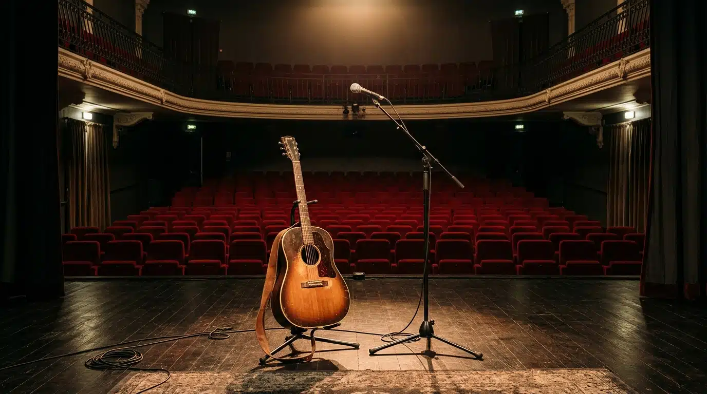 Scène de salle de concert vide avec guitare et micro