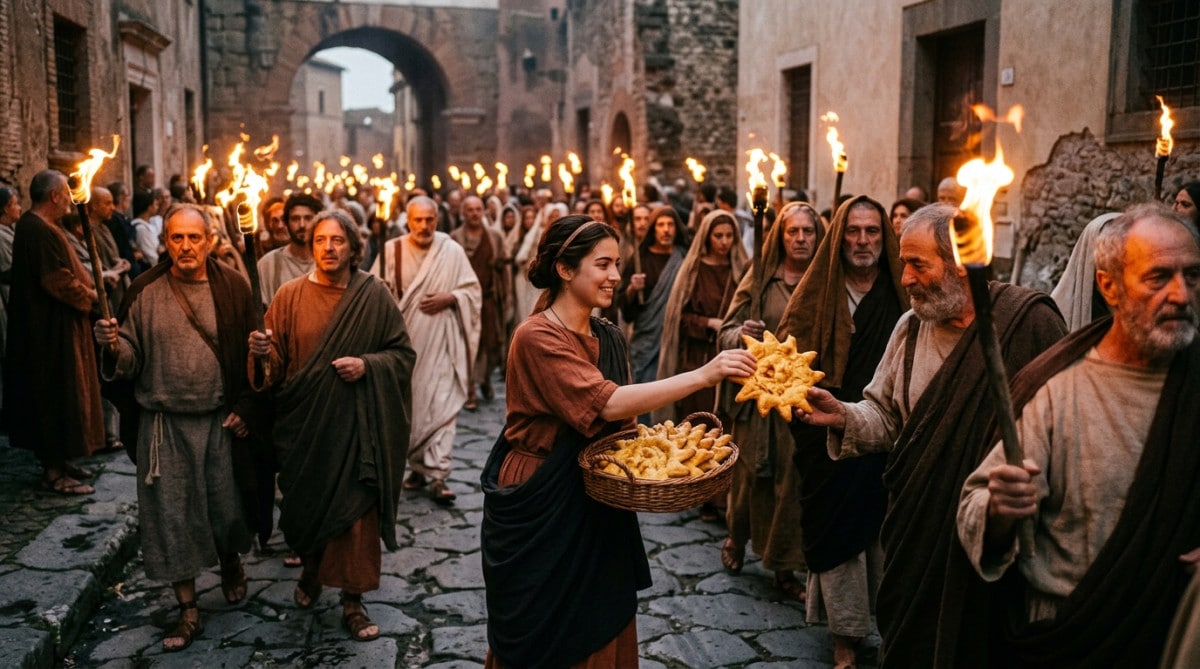 Procession romaine aux flambeaux et galettes rondes