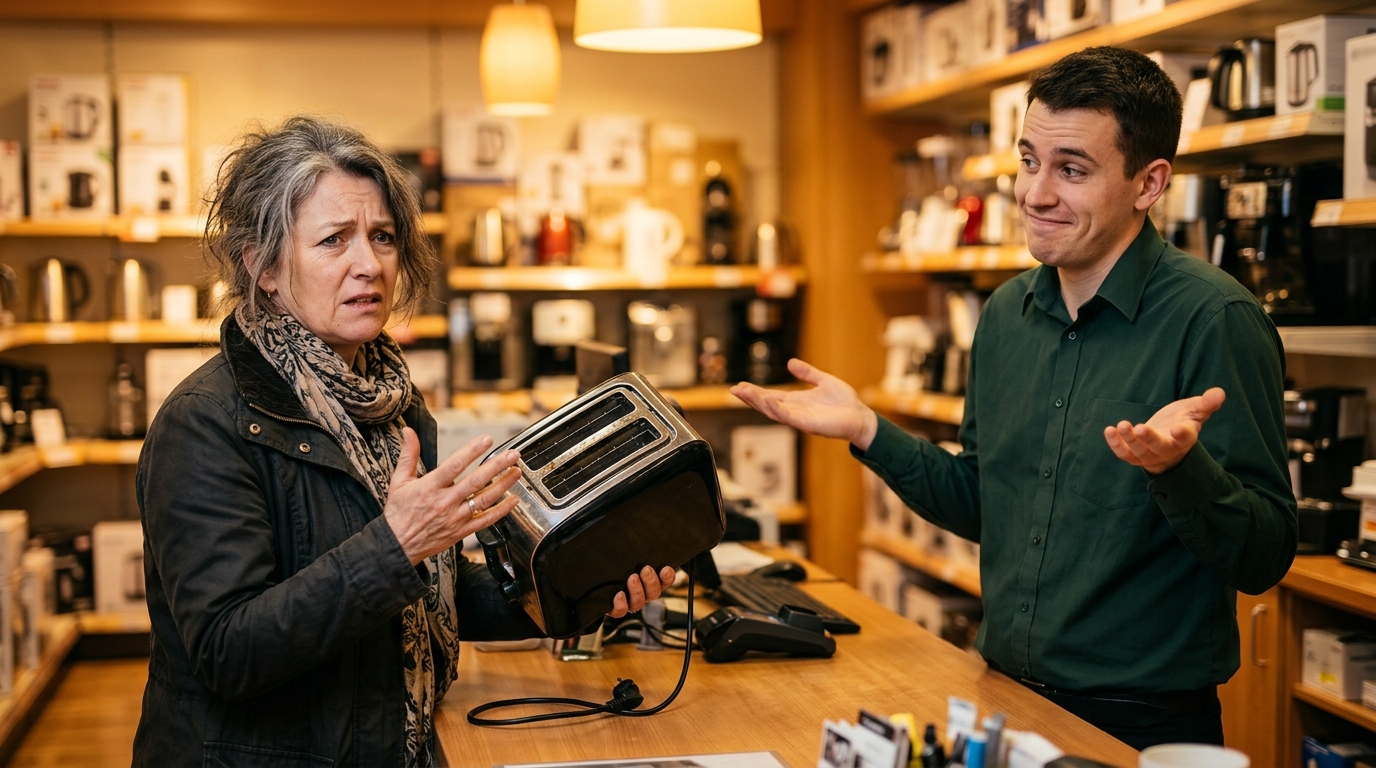 Cliente avec un grille-pain défectueux face à un vendeur