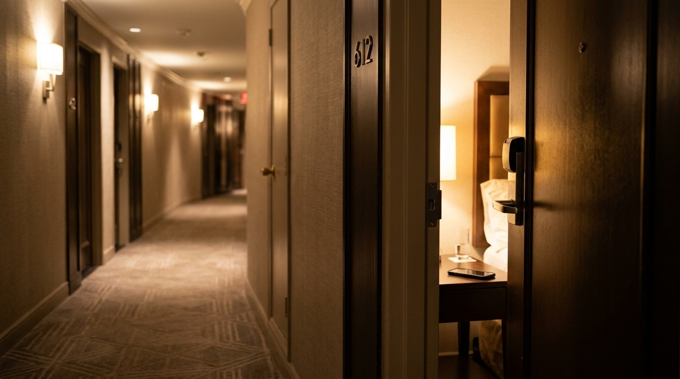 Porte de chambre d'hôtel entrouverte et téléphone posé