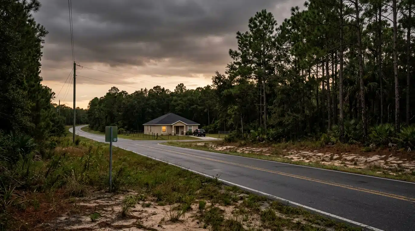 Lisière de bois floridien près d'une route au crépuscule