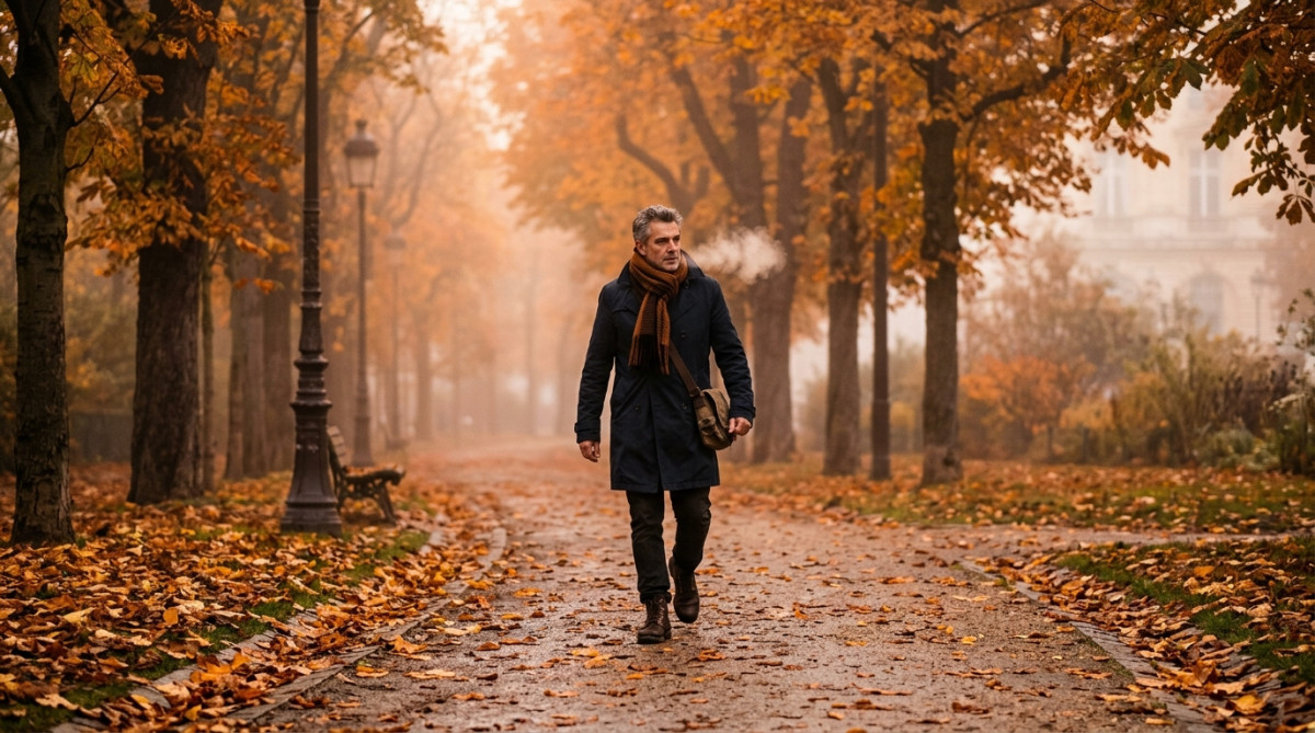 Promeneur dans le brouillard d'octobre dans un parc parisien