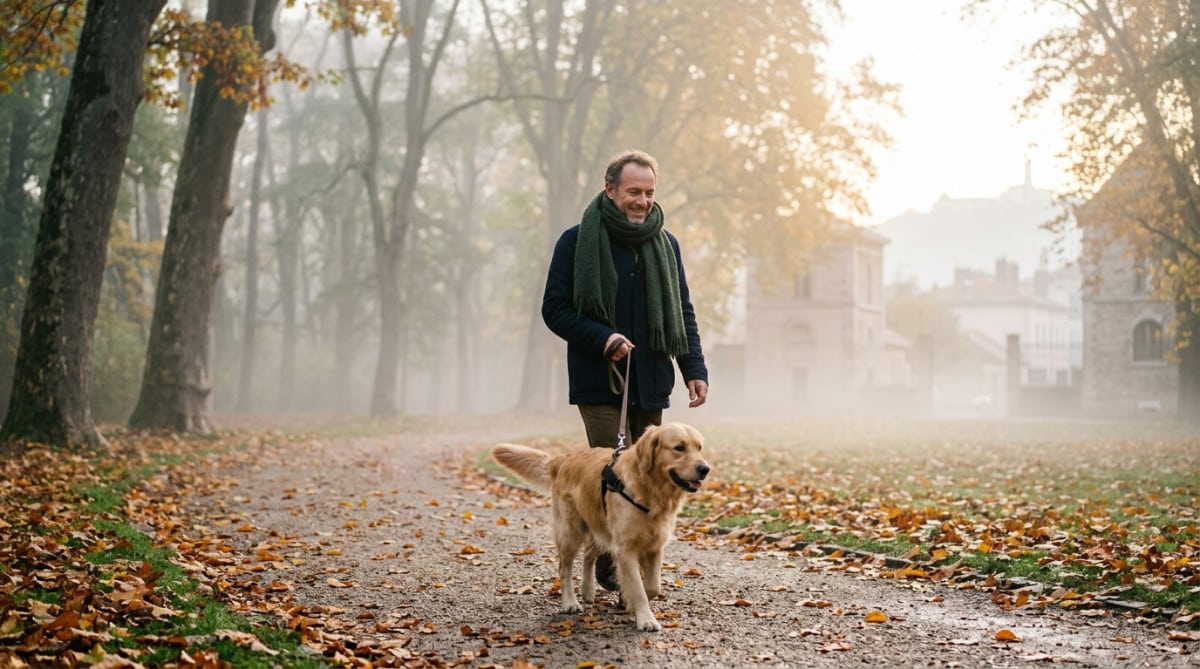 Promeneur et son chien dans le brouillard d'un parc lyonnais
