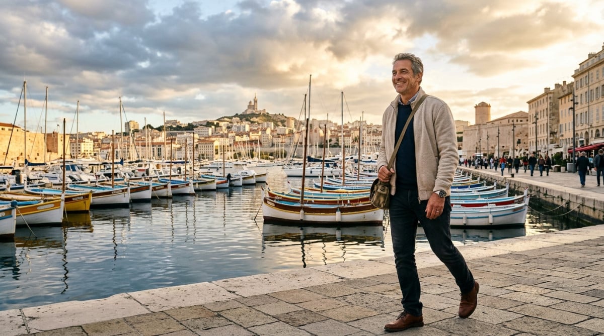 Promeneur sur le Vieux-Port de Marseille en automne