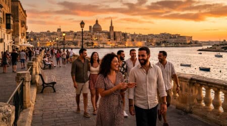 Promeneurs sur le front de mer maltais au coucher du soleil