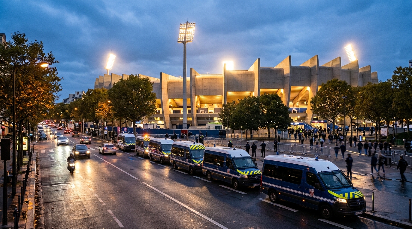 Stade illuminé au crépuscule et fourgons de police alignés