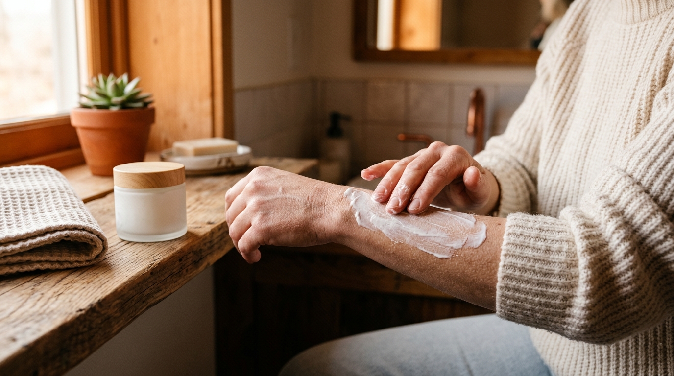 Application d'une crème riche sur la peau sèche