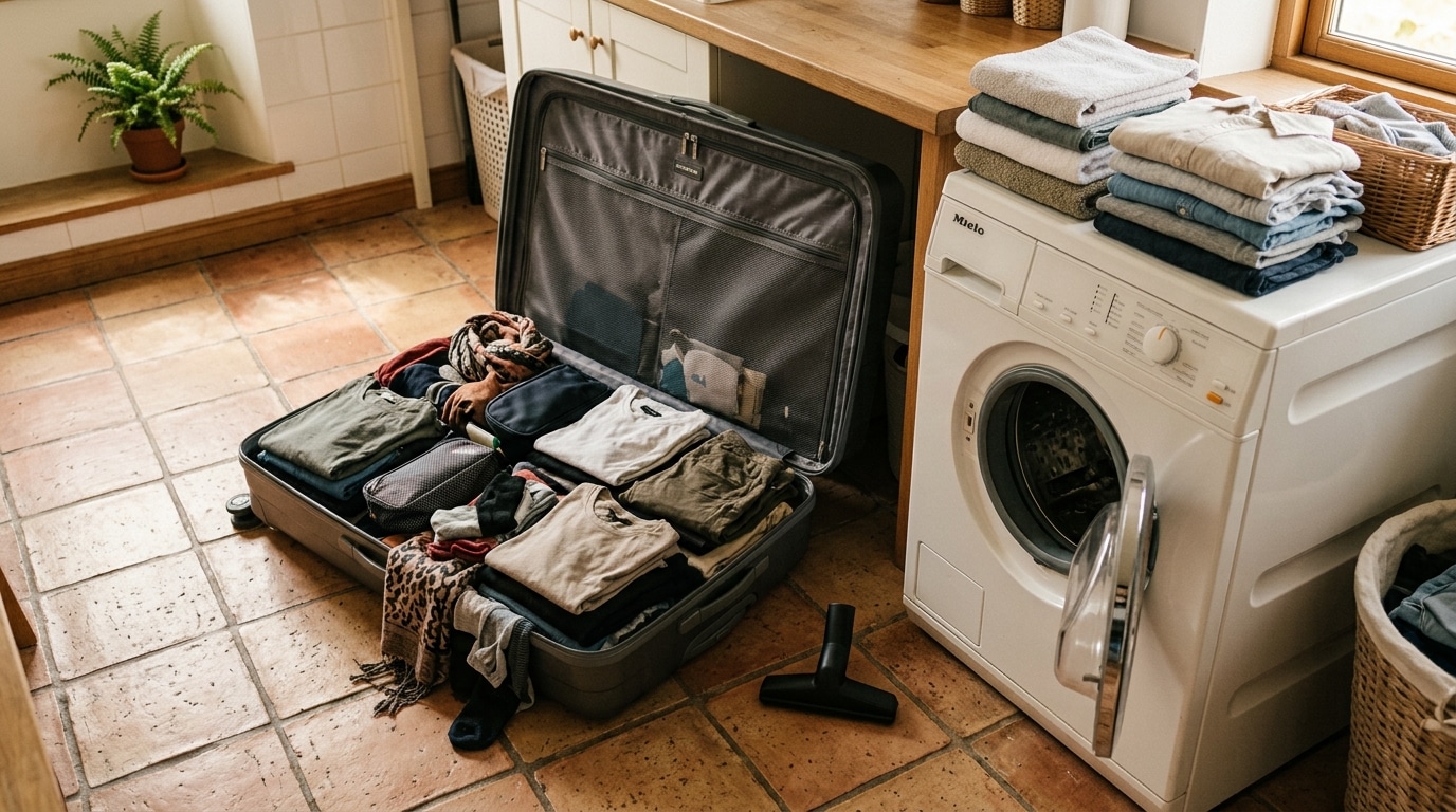 Valise rigide ouverte près d'une machine à laver