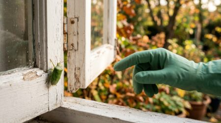 Punaise verte sur un encadrement de fenêtre en bois blanc