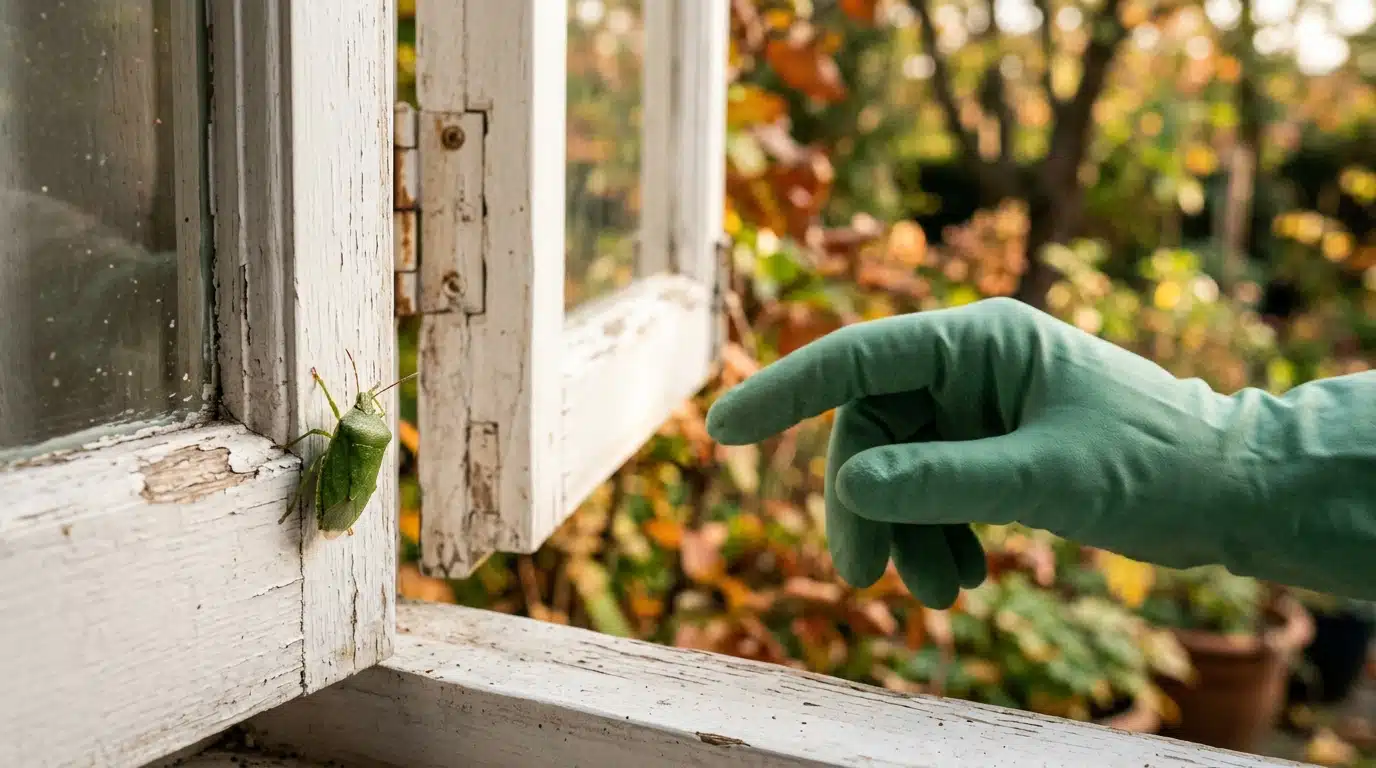Punaise verte sur un encadrement de fenêtre en bois blanc