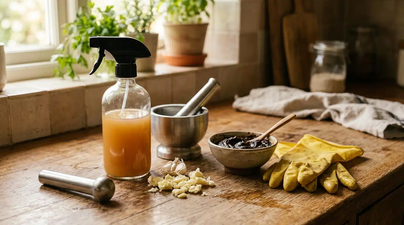 Spray maison, gousses d'ail écrasées et gants jaunes sur plan de travail