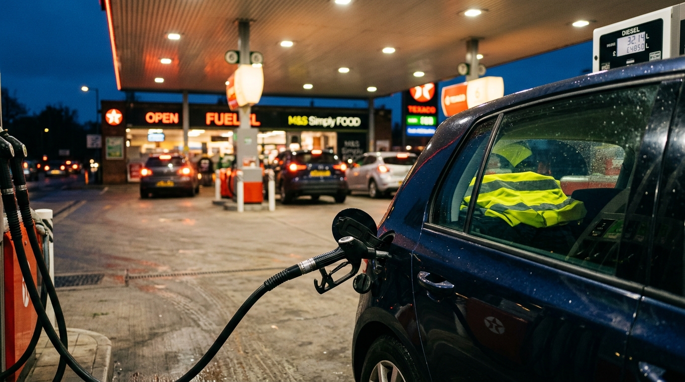 Pistolet de pompe à essence et gilet jaune sur le tableau de bord d'une voiture, dans une station-service au crépuscule