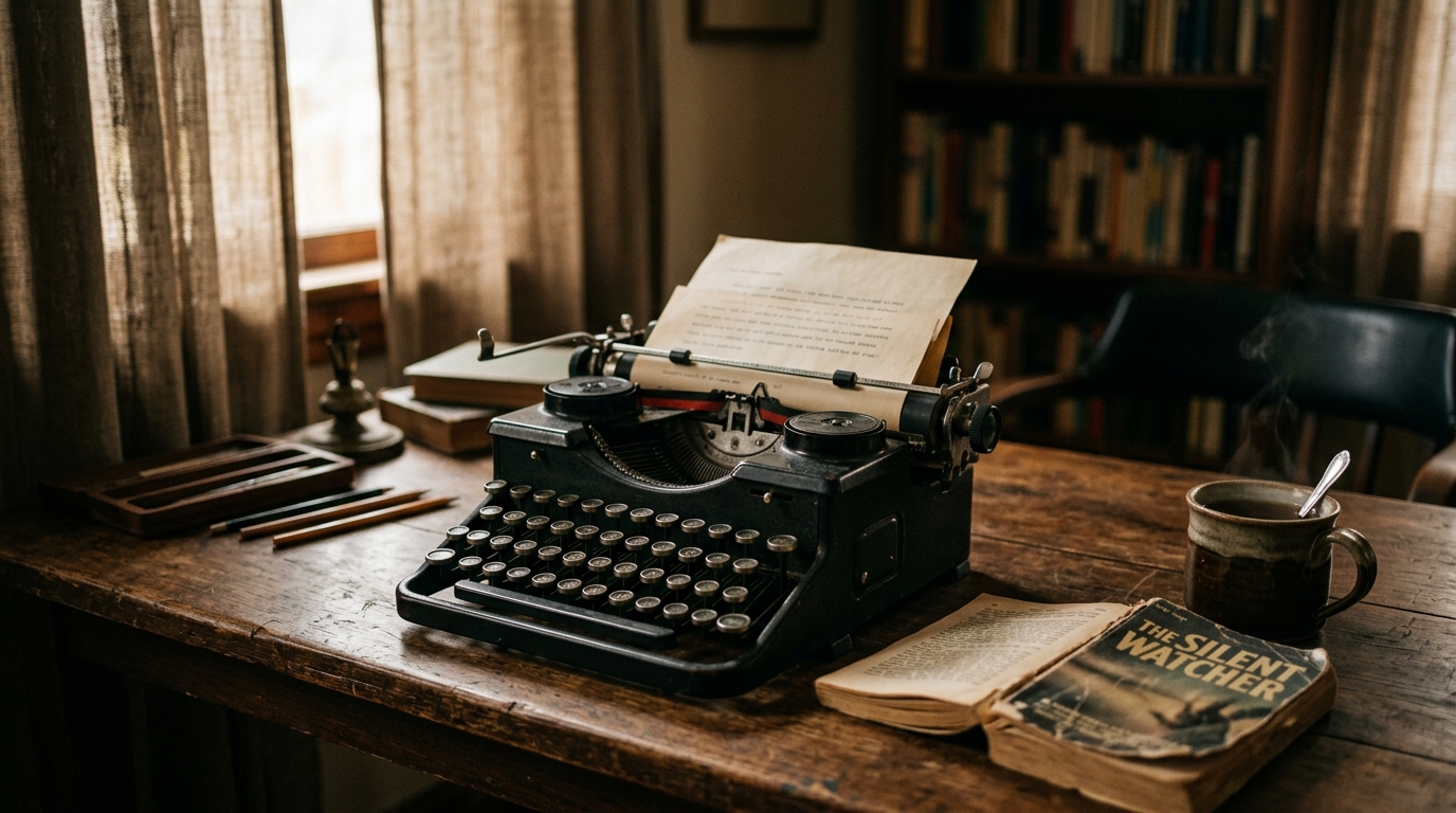 Vieille machine à écrire et livre posé sur un bureau