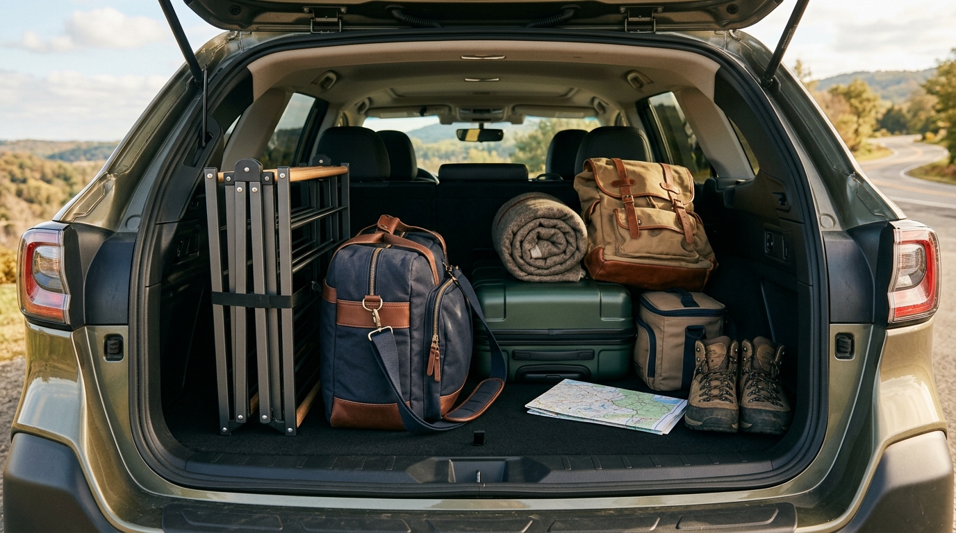 Étendoir replié et son sac dans un coffre de voiture