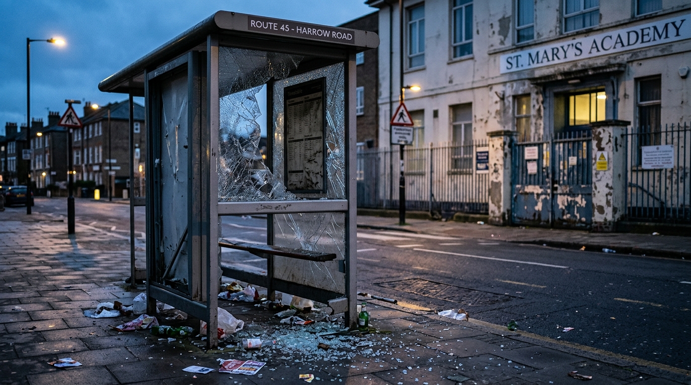 Abribus aux vitres brisées devant un lycée au crépuscule