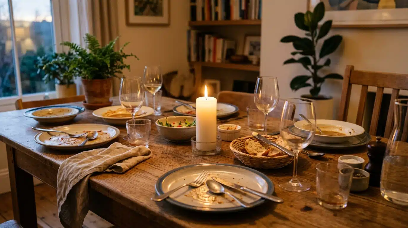 Table de repas familial avec une bougie allumée