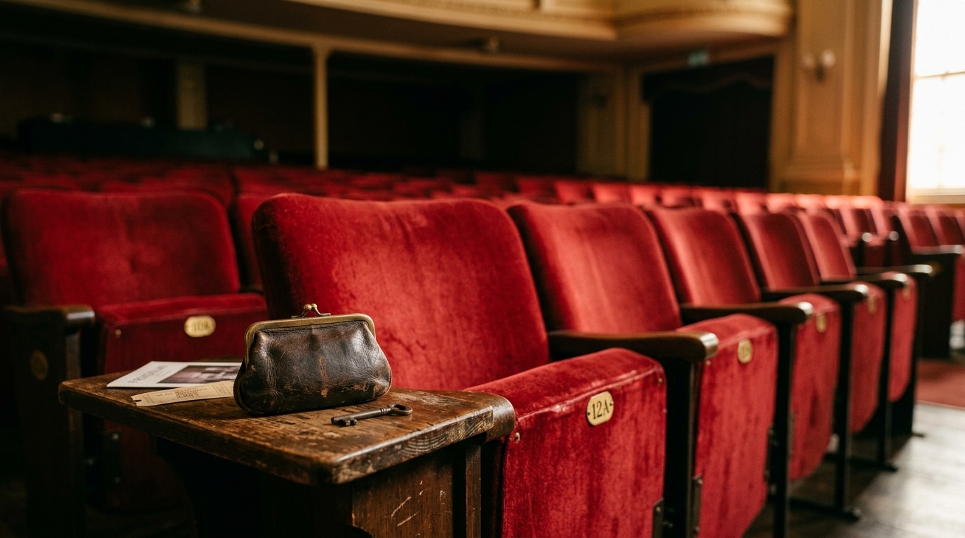 Fauteuils de théâtre et porte-monnaie usé sur une table