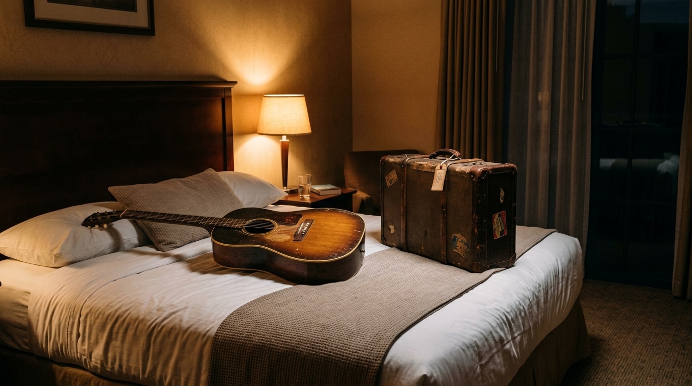 Guitare posée sur un lit de chambre d'hôtel solitaire