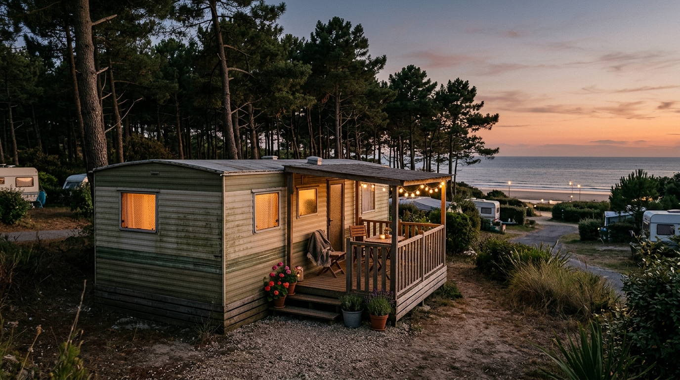 Mobil-home face à la mer au crépuscule dans un camping