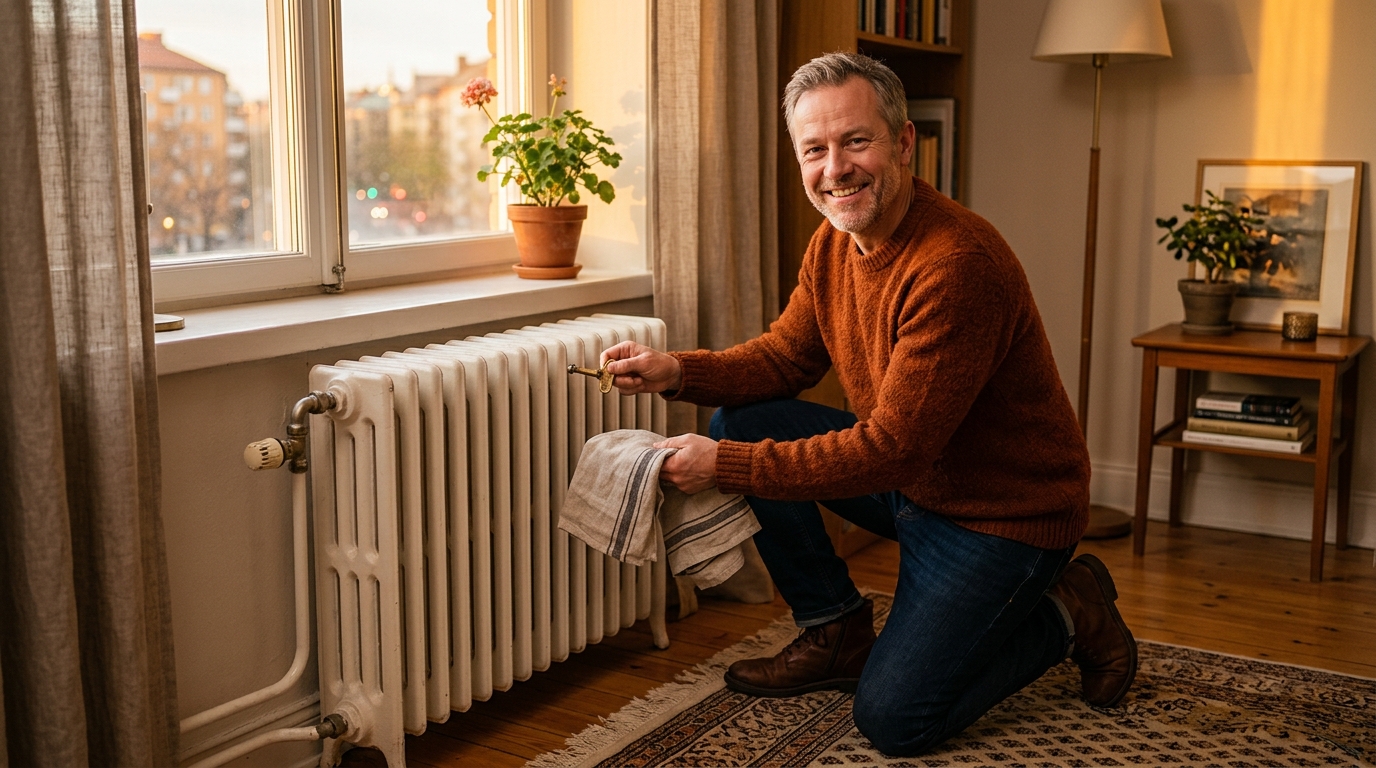 Homme souriant accroupi près d'un radiateur avec une clé
