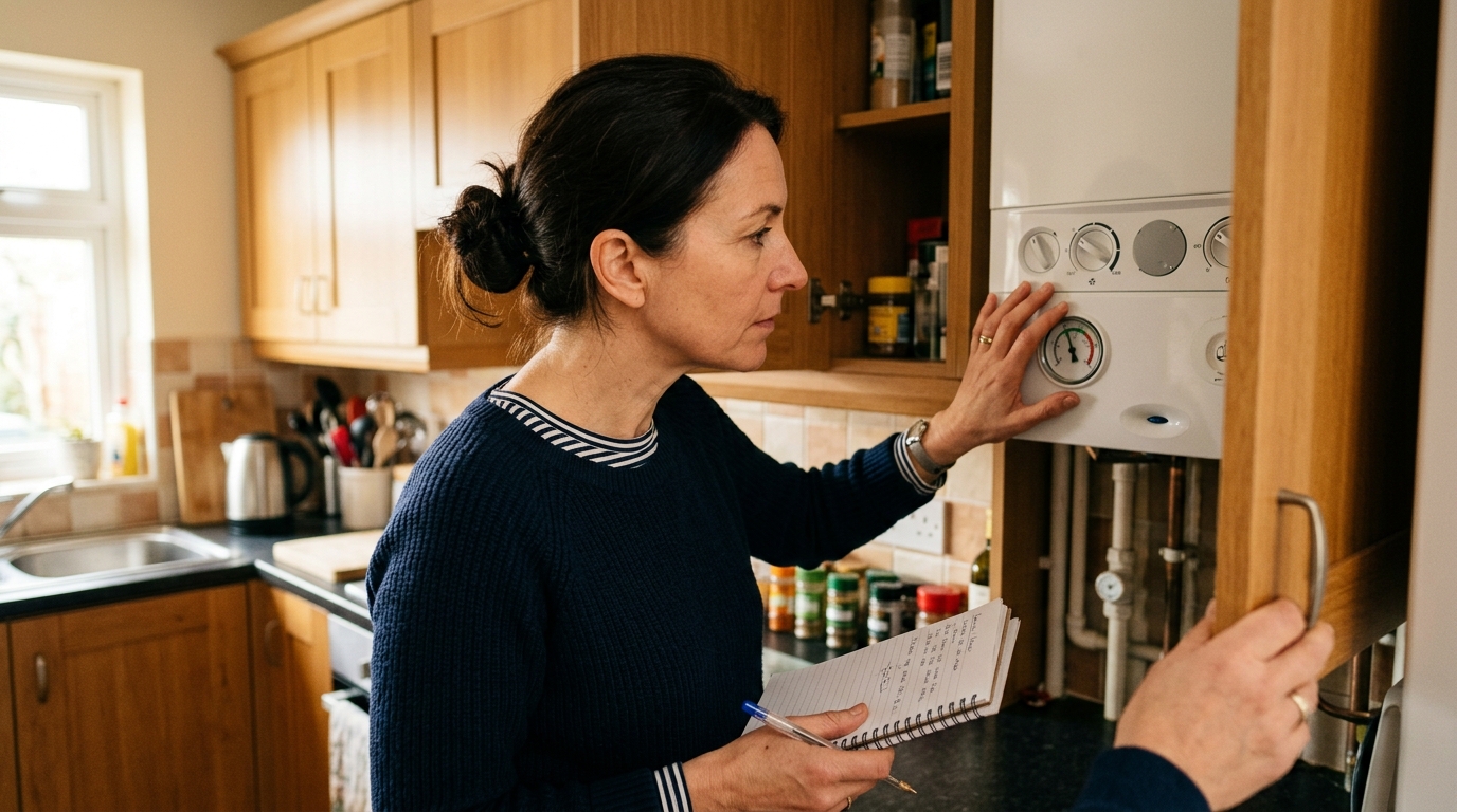 Femme vérifiant la pression du manomètre de la chaudière