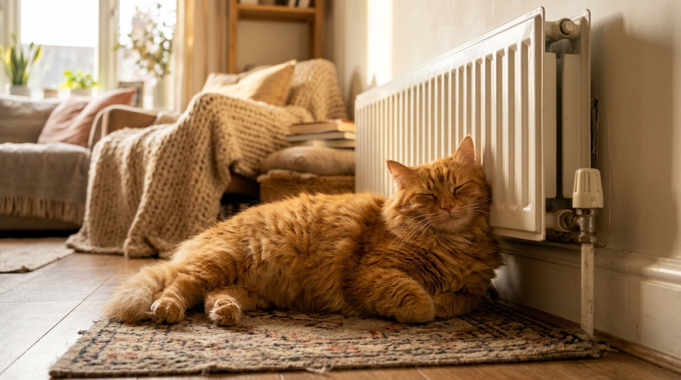 Chat roux endormi contre un radiateur dans un salon