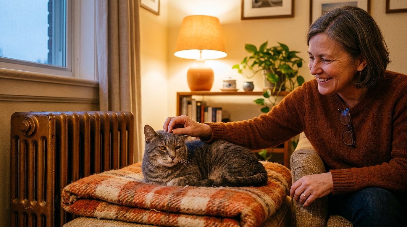 Chat âgé caressé près d'un radiateur par sa maîtresse