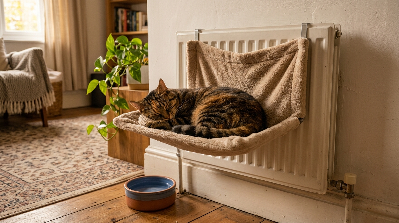 Chat installé dans un hamac accroché à un radiateur