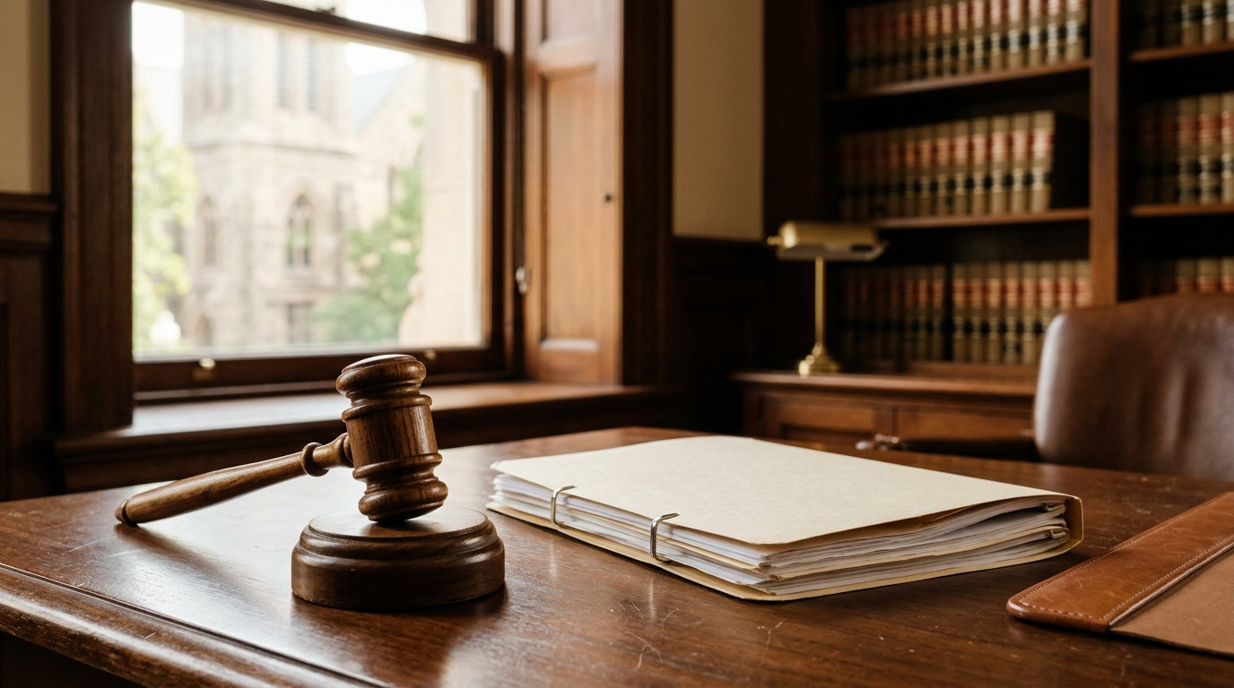 Maillet de juge posé sur un dossier fermé