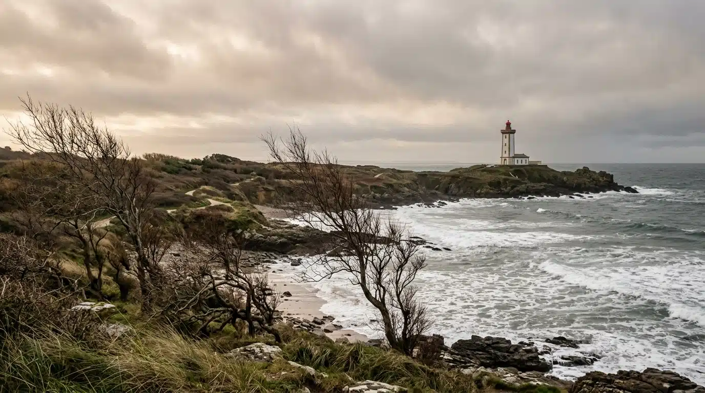 Phare sur une côte automnale sous nuages bas