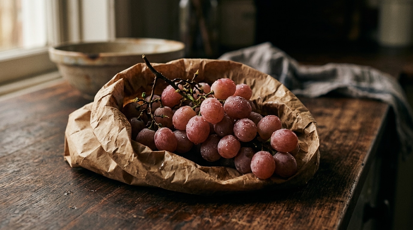 Grappe de raisin rose dans un sac en papier