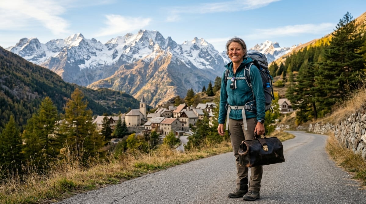 Randonneuse souriante dans les Hautes-Alpes au soleil couchant