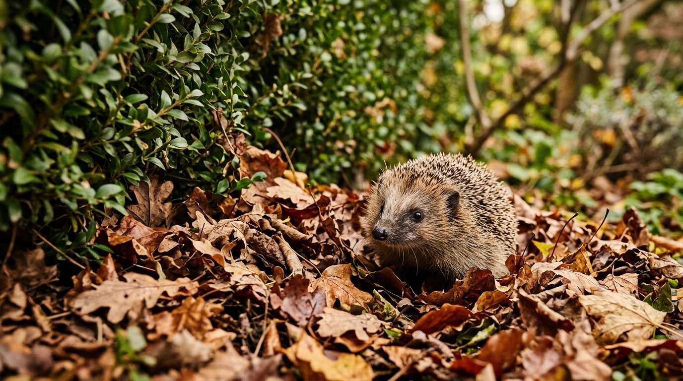 Hérisson caché dans un tas de feuilles sous une haie