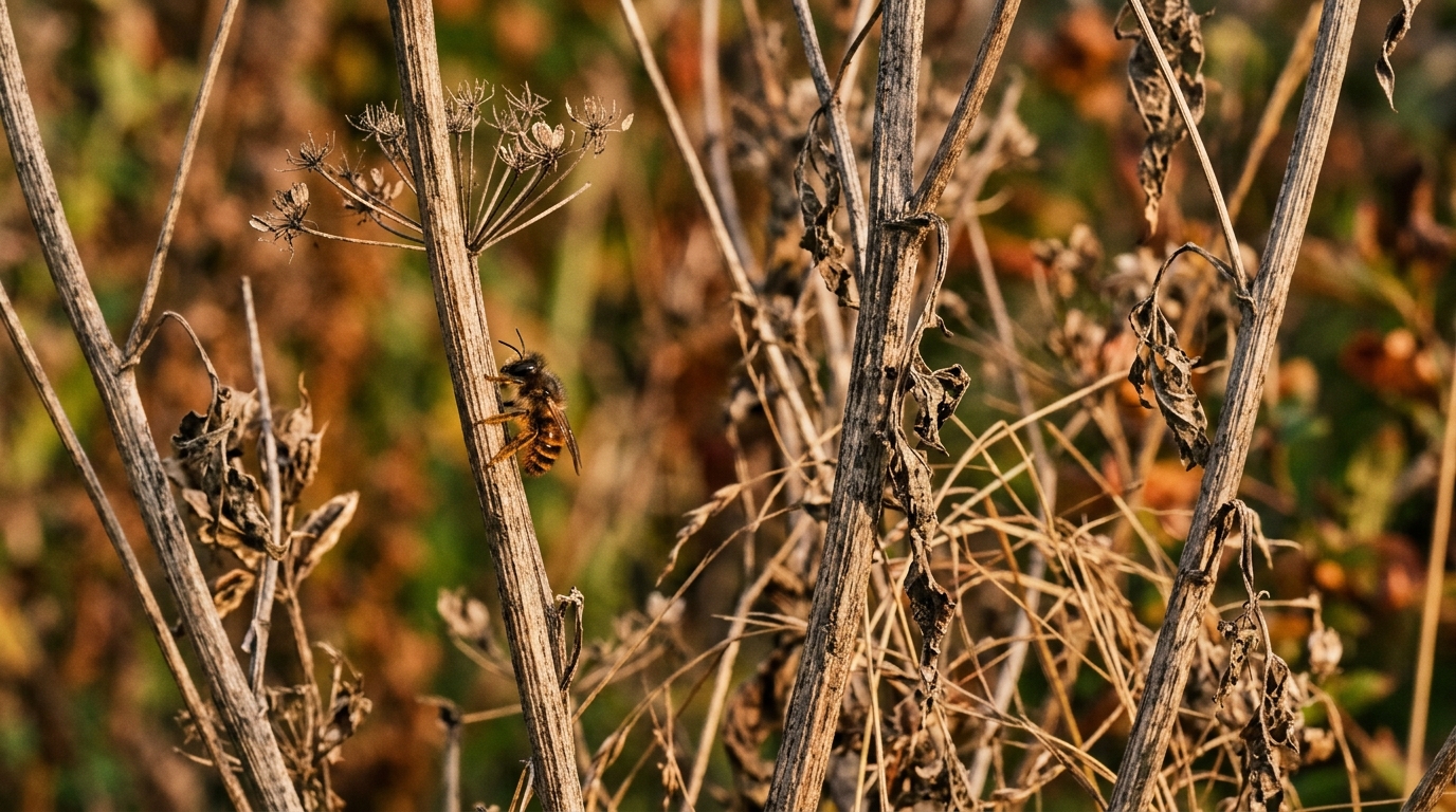 Tiges creuses sèches et abeille solitaire au jardin