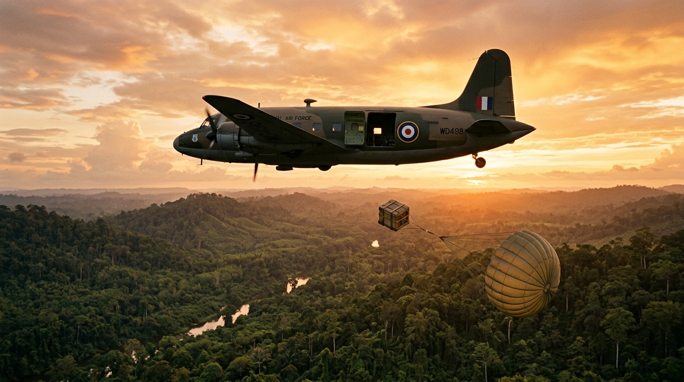 Avion de la RAF larguant une caisse parachutée sur la jungle