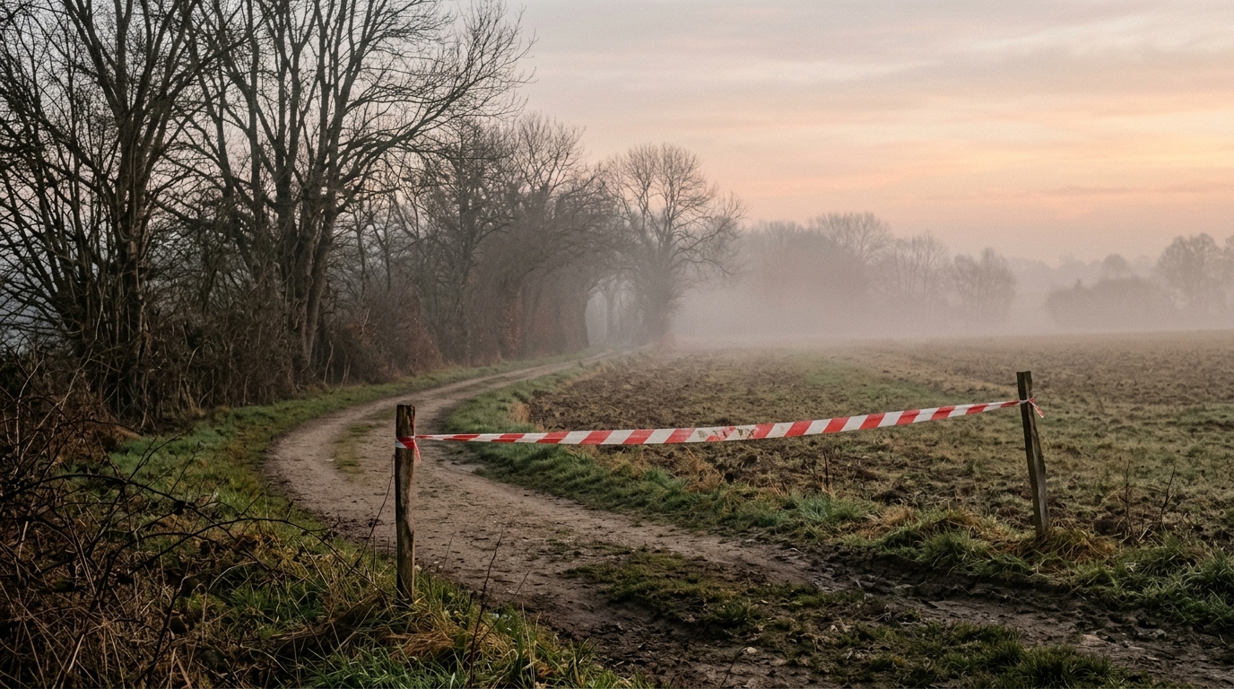 Chemin de campagne brumeux bordé de rubalise à l'aube