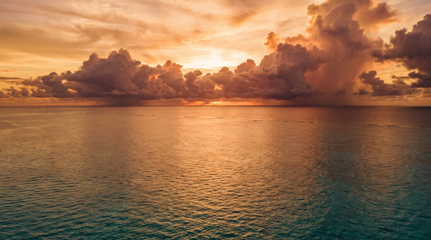 Océan Pacifique tropical sous un ciel orageux au lever du soleil